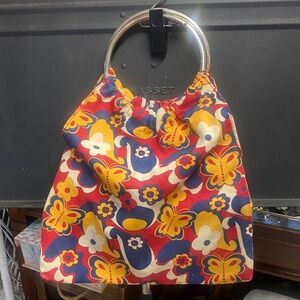 Vintage 90’s does 70’s-Red and Yellow Floral Tote with Silver Handle